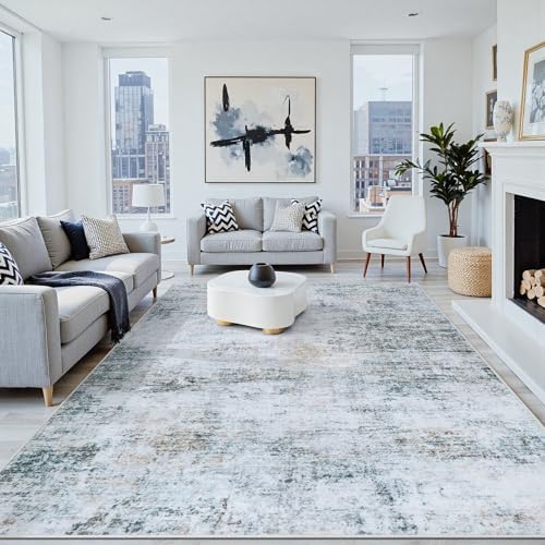 9x12 Washable Area Rug for Living Room Bedroom: Non-Slip Modern Blue Grey by Oriannal
