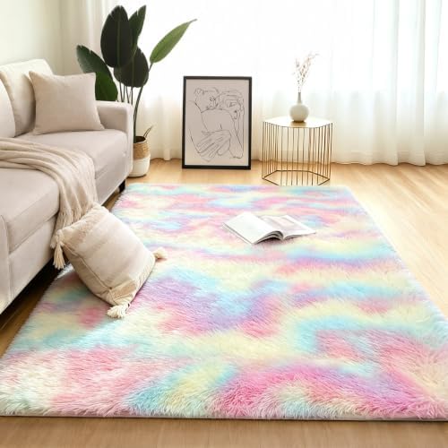 4x6 Rainbow Fluffy Area Rug for Bedroom and Living Room, Washable Soft Shag - Image 3
