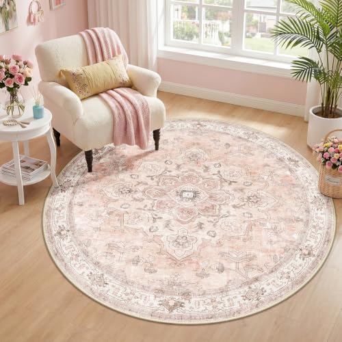 CAPALOCA Round 4ft Washable Nursery Girls Low Pile Area Rug Pink by CAPALOCA