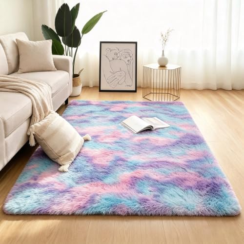 3x5 Blue Rainbow Fluffy Area Rug - Image 4