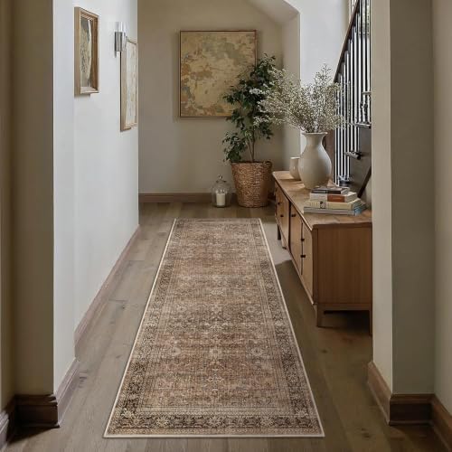 Schweek 2.6x8 Hallway Runner Rug Washable Vintage Neutral Runners Brown - Image 3