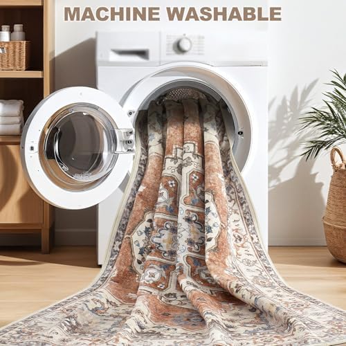6x9 Washable Area Rug: Vintage Neutral Soft Non Slip Thin Large Floor Carpet - Image 6
