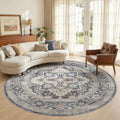 Round Washable Area Rug 8ft, Boho Vintage Distressed Oriental Medallion by DTICON