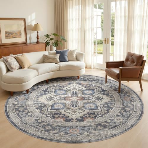Round Washable Area Rug 8ft, Boho Vintage Distressed Oriental Medallion by DTICON