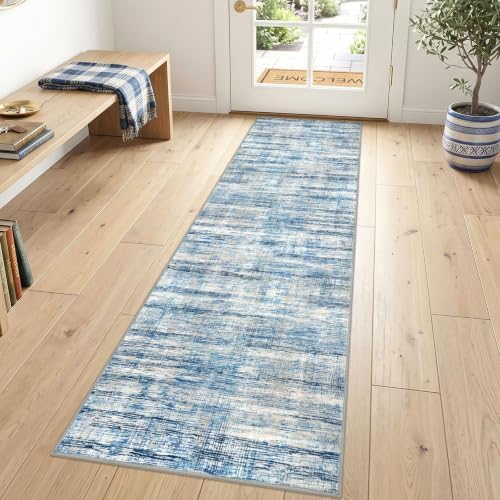 KOZYFLY Modern Washable Rug Runner 2x7 Hallway Runner Rug Blue Beige by KOZYFLY