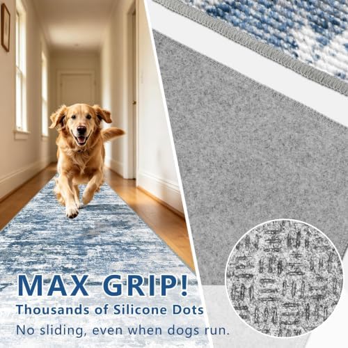 Hallway Runner Rug 3x10 Textured Non Slip Carpet Runner, Abstract Blue - Image 5