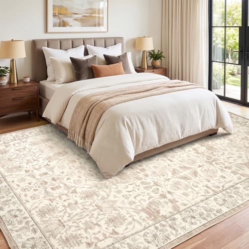 8x10 Area Rugs for Living Room, Washable Rug Beige Floral Print - Image 3