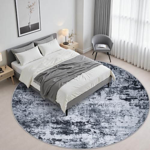 Round Area Rug Living Room: 8 ft Modern Washable Carpet Black - Image 3