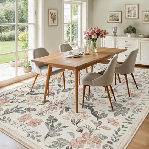 9x12 Area Rugs Boho Floral Washable Living Room Rug Neutral Carpet Bedroom - Image 4