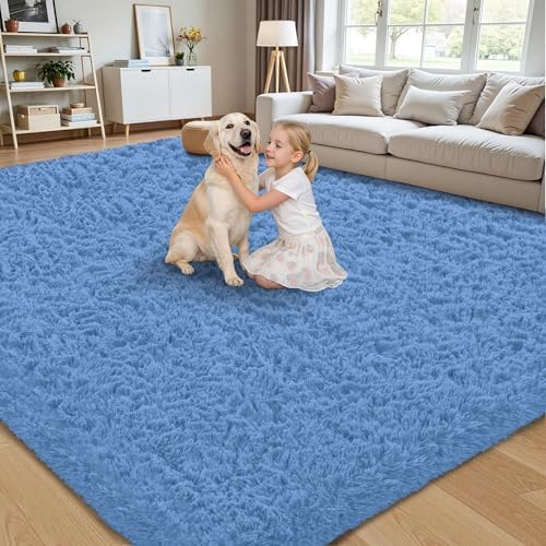 8x10 Area Rug for Living Room, Cobalt Blue Fluffy Shag Non-Slip Bedroom Rugs - Image 4