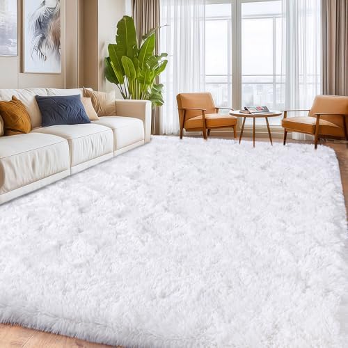 White Living Room Area Rug Shaggy Bedroom Carpet High Pile Fuzzy Rugs 6x9ft - Image 2