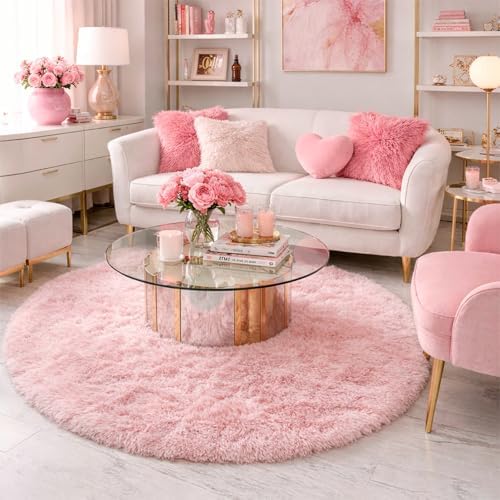 Amdrebio Pink Big Fuzzy Furry Circle Rug 8Ft - Image 3