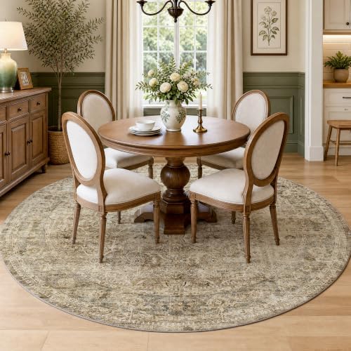 FMFUNCTEX 6ft Round Washable Brown Neutral Vintage Area Rug - Image 3