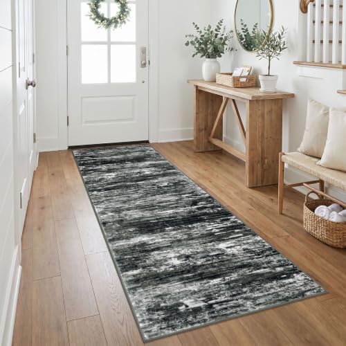 KOZYFLY Modern Abstract 2.6x8 Washable Hallway Runner Rug Black White Grey by KOZYFLY