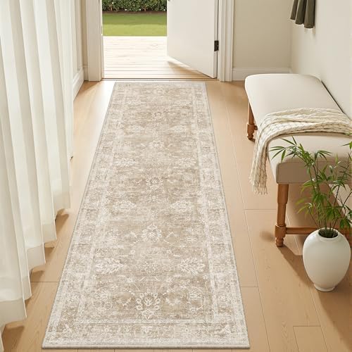 Madane Washable Runner Rug 2x5, Vintage Kitchen Hallway Rug Beige/Brown - Image 2