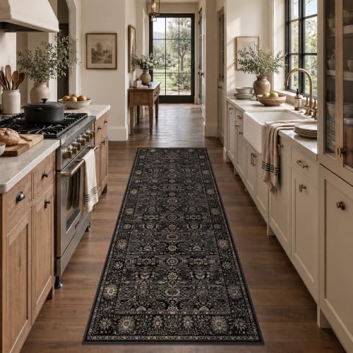 3x7 Black Gold Vintage Washable Runner Rugs by Zeeinx