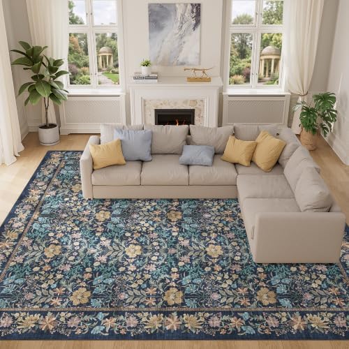 DUKINO 10x12 Area Rug for Living Room Vintage Floral Washable Rug Dark Blue - Image 5