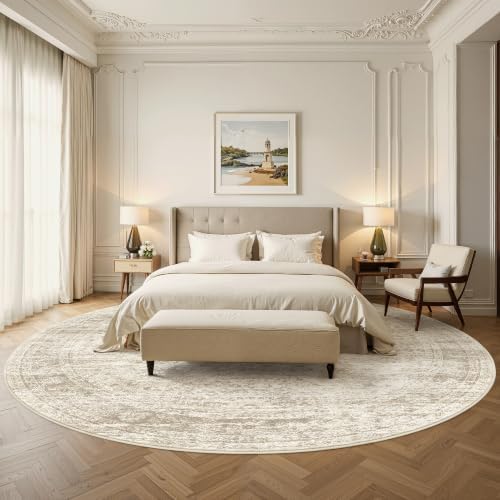 Soalmost Round Rugs 8ft Living Room Circle Area Rug 8x8 Beige Vintage - Image 4