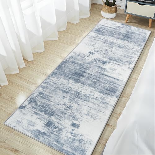 2'6''x8' Runner Rugs Washable Rug:Modern Abstract Hallway Blue White Carpet - Image 2