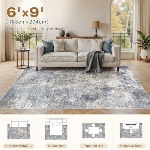 6x9 Area Rugs Living Room Abstract Washable Rug, Light Denim Blue - Image 6