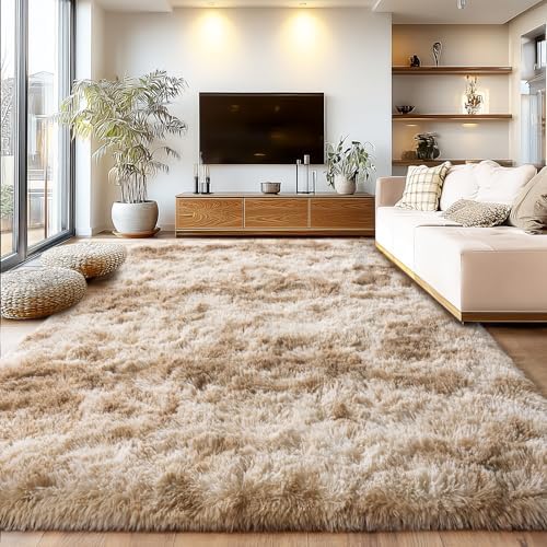 Large Living Room Area Rug 9x12Ft Shaggy Carpet Fuzzy Carpet Tie Dye Camel by Isdook