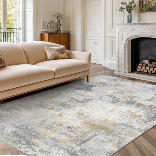 6x9 Area Rug Living Room, Modern Abstract Washable Indoor Carpet Beige by AMADAHOMEFURNISHING