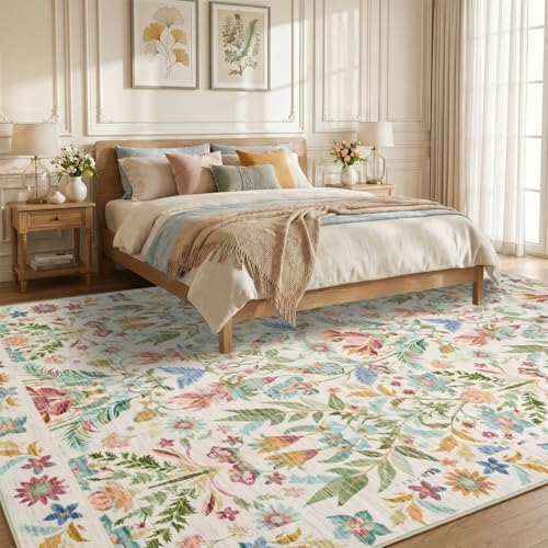 Beige Boho Floral Rug 8x10, Washable Area Rugs - Image 3