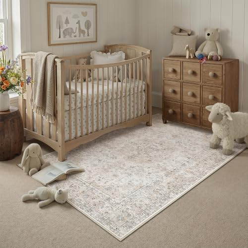 4x6 Washable Area Rug Beige Grey Non Slip Vintage Carpet - Image 3