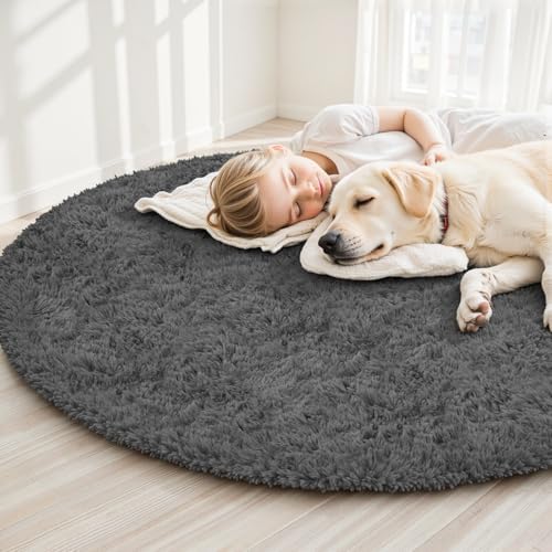 Dark Gray Round Fluffy Rug 5ft Plush Fuzzy Shaggy Carpet - Image 3
