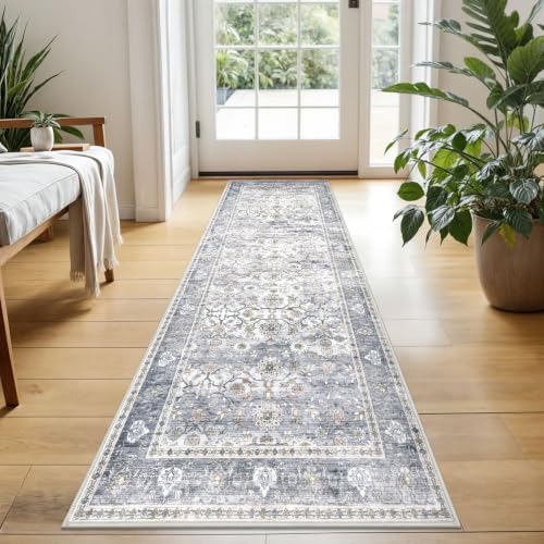 KUTA Vintage Floral Washable Hallway Runner 2x5 Grey Blue by KUTA