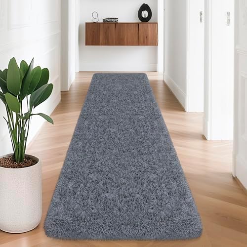 2x8 Bedside Area Rugs for Bedroom Soft Fluffy Shag Grey Rug for Hallway by JiaoBaba