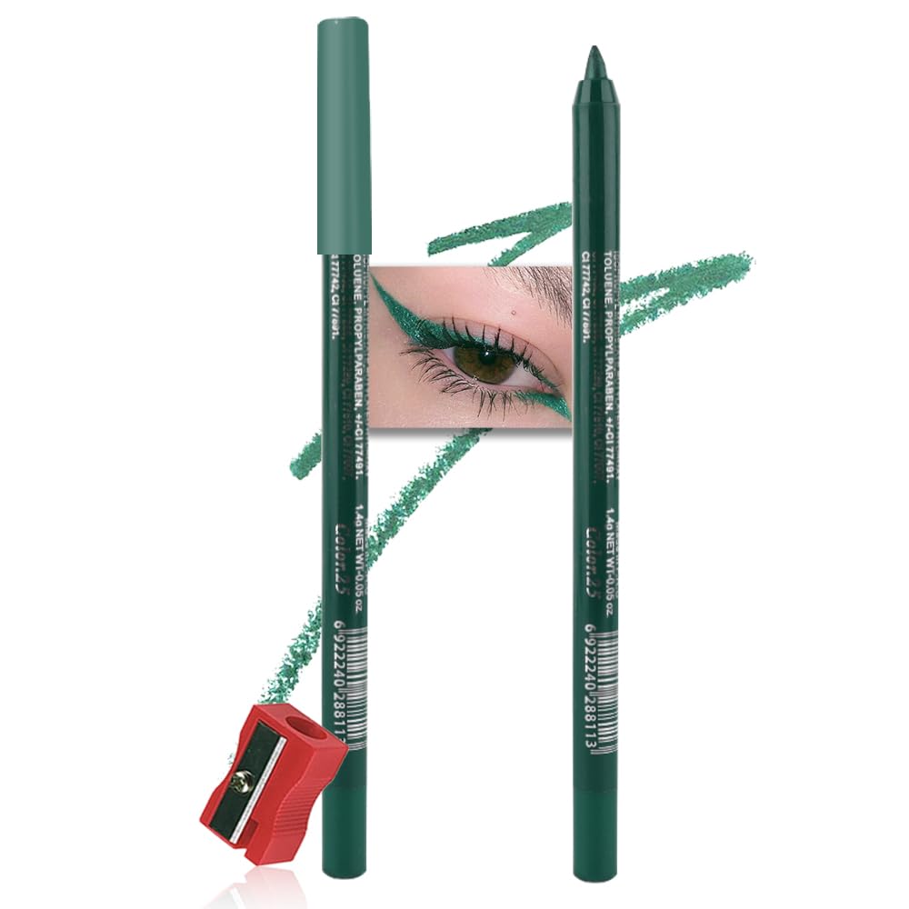 evpct Green Glitter Eyeliner Pencil for Eyes, Dark Forest Green Metallic Shimmer Eye Liner Pencil Makeup Waterproof Smudge Proof, Colored Gel Waterline Eyeliner, Face Eye Paint Stick Halloween Makeup