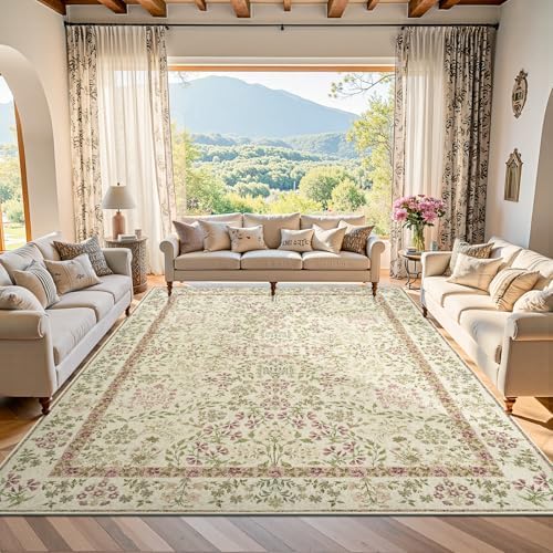 jinchan 8x10 Washable Living Room Area Rug, Vintage Floral, Pastoral Green by JINCHAN
