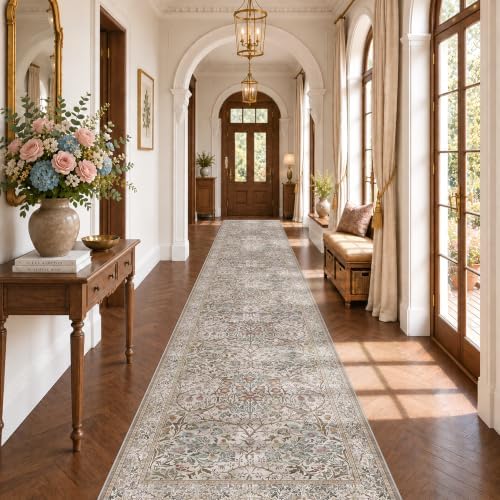 Vintage Moss Green 3x20 Extra Long Runner Rug by HazoHaus