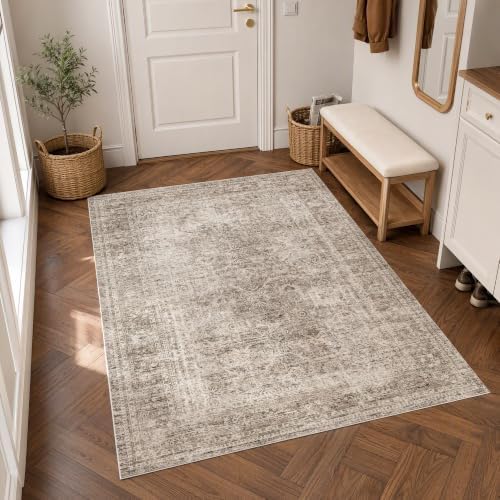 FMFUNCTEX 4x5 Washable Taupe Distressed Vintage Retro Area Rug - Image 3