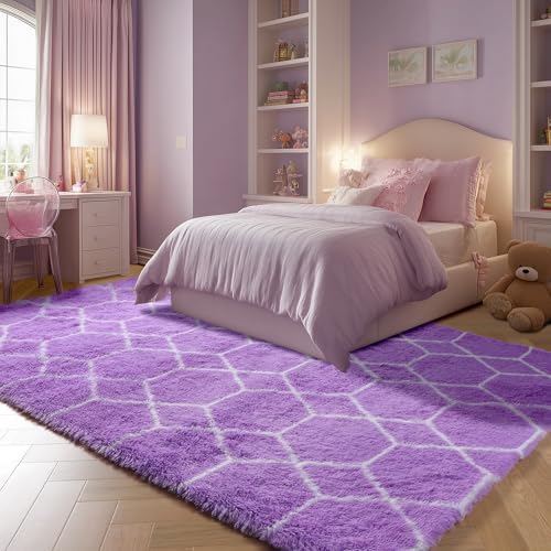 Area Rugs for Bedroom, 4x6 Fluffy Carpet Purple and White Geometric Rug - Image 6