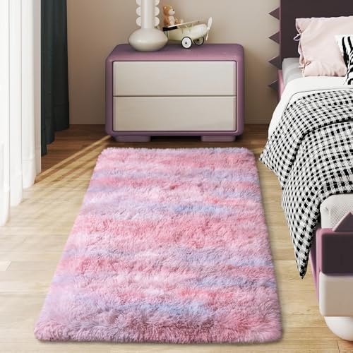 Soft Runner Rugs for Bedroom Hallways, 2x4 Abstract Pink Fluffy Shag Throw Area by Ailyei