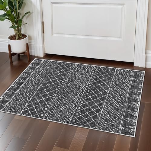 2x3 Entryway Small Area Rug: Washable Moroccan Geometric Door Mat Black - Image 4