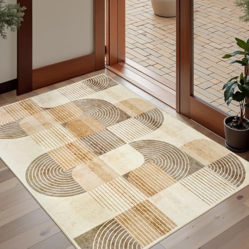 Washable Entryway Rug 2x3 ft, Neutral Beige Modern Geometric - Image 4