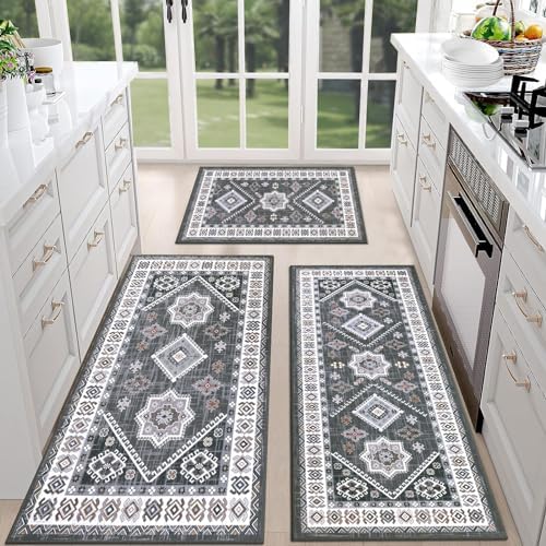 HEBE Boho Kitchen Rugs Set of 3, Non Slip Washable Kitchen Mats by HEBE