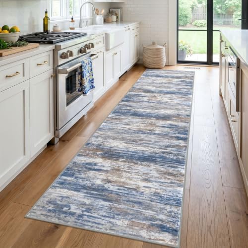 KOZYFLY Modern Wide Hallway Runner Rug 3x12 Washable Rug Runner Blue Rust - Image 2