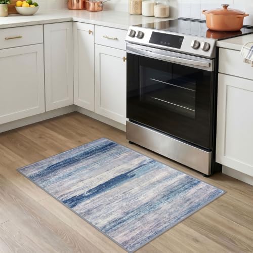 KOZYFLY Abstract Rugs for Entryway 2x3 Washable Area Rug Blue/Grey/Beige - Image 2