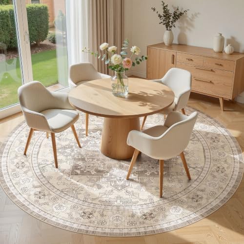 Washable Area Rug-8X8 Vintage Neutral Soft Brown - Image 4