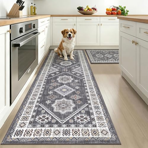 HEBE Boho Kitchen Rugs Set of 2, Non Slip Washable Kitchen Mats by HEBE
