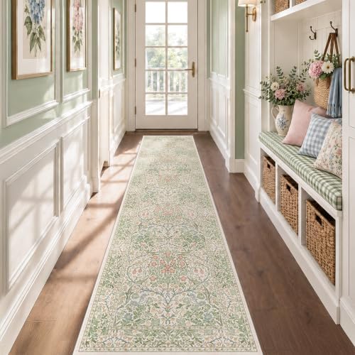 Washable Beige Green 2x10 Runner Rug by HazoHaus