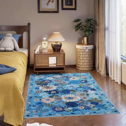 Blue Floral Area Rug 4x6 for Bedroom Dining Room - Image 6