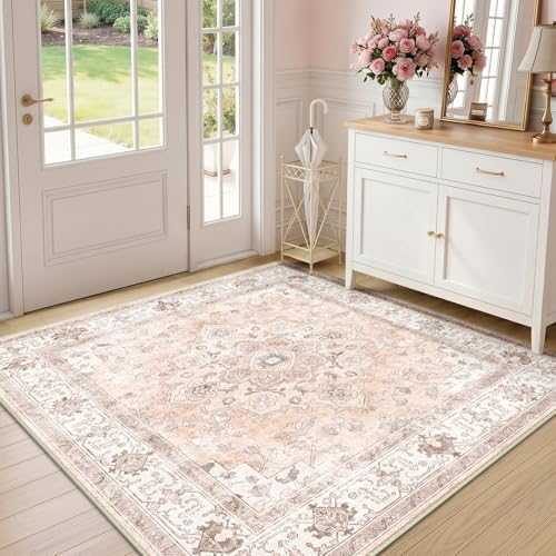 CAPALOCA Square 4ft Washable Nursery Girls Low Pile Area Rug Pink - Image 2