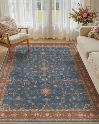 Washable Area Rug-5X7 Vintage Neutral Soft Blue/Terracotta by MICGEEK
