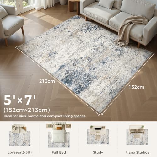 DMOYEST Area Rug Living Room Rugs 5x7 Washable Abstract Beige Blue Carpet - Image 2