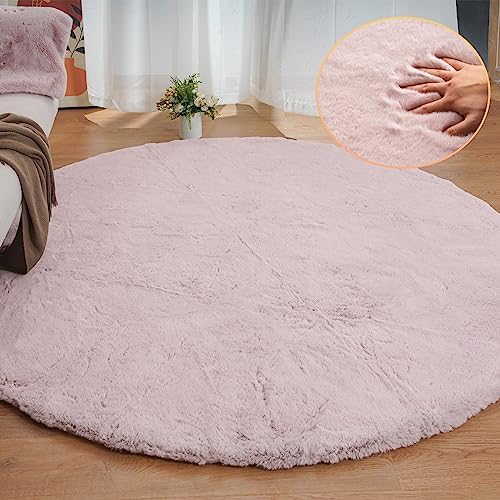 ORINOVA Pink Fluffy Round Rugs 6ft Large Circle Washable Faux Rabbit Shaggy Fur - Image 3